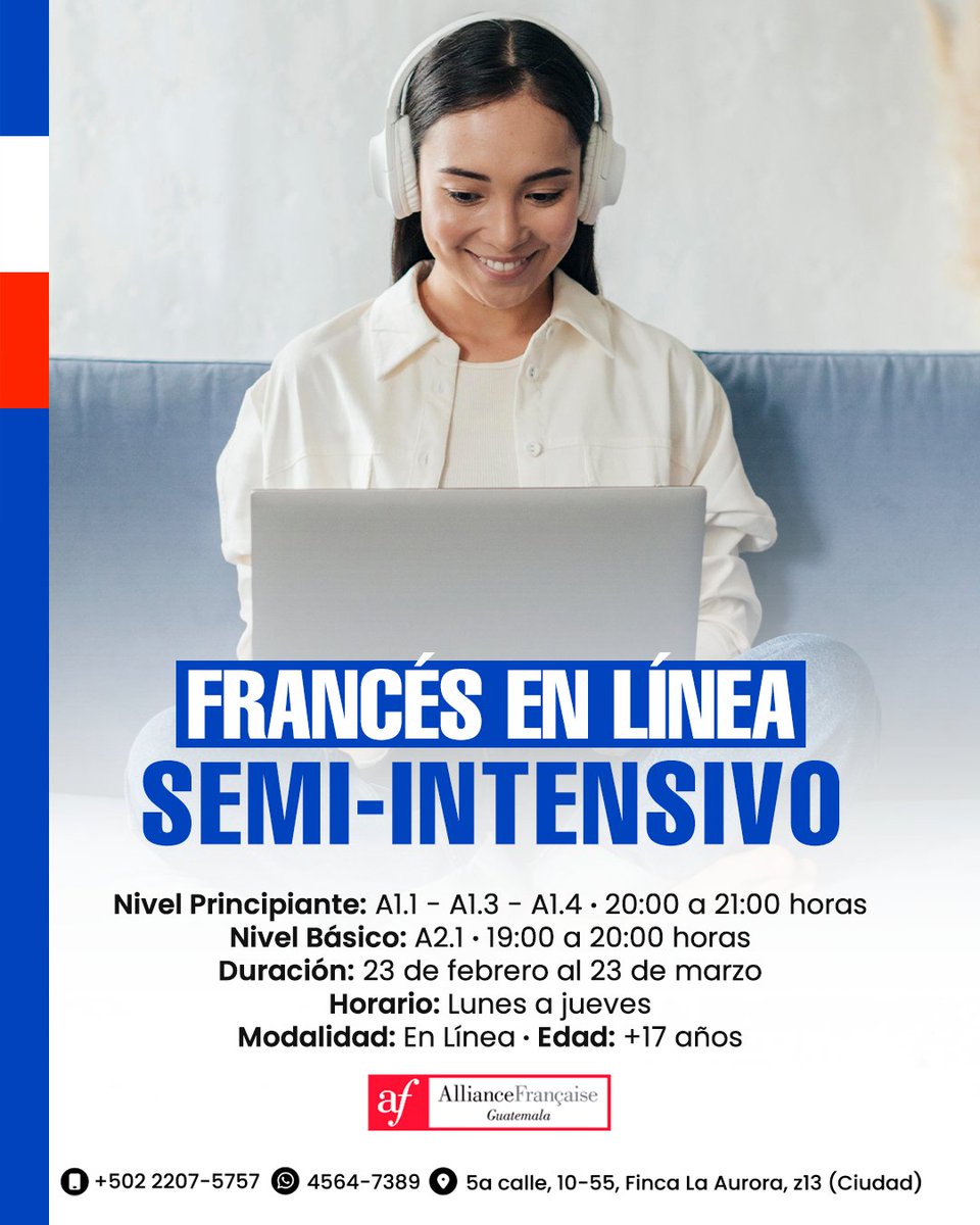 ¡Aprovecha tu tiempo y aprende francés!💯📝🇫🇷 "Curso Semi-Intensivo", con clases en línea durante 5 semanas. 📖📊 Modalidad diseñada idealmente para encontrar un balance entre velocidad y aprendizaje.

💻 Principiante (+17 años)
⏱️ Lun-Jue | 20 a 21 horas