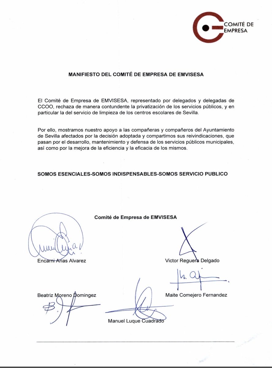 El comité de empresa de <a href="/emvisesa/">Emvisesa</a> apoya a los compañeros del servicio de limpieza del <a href="/Ayto_Sevilla/">Ayuntamiento de Sevilla</a> #stopprivatizacion