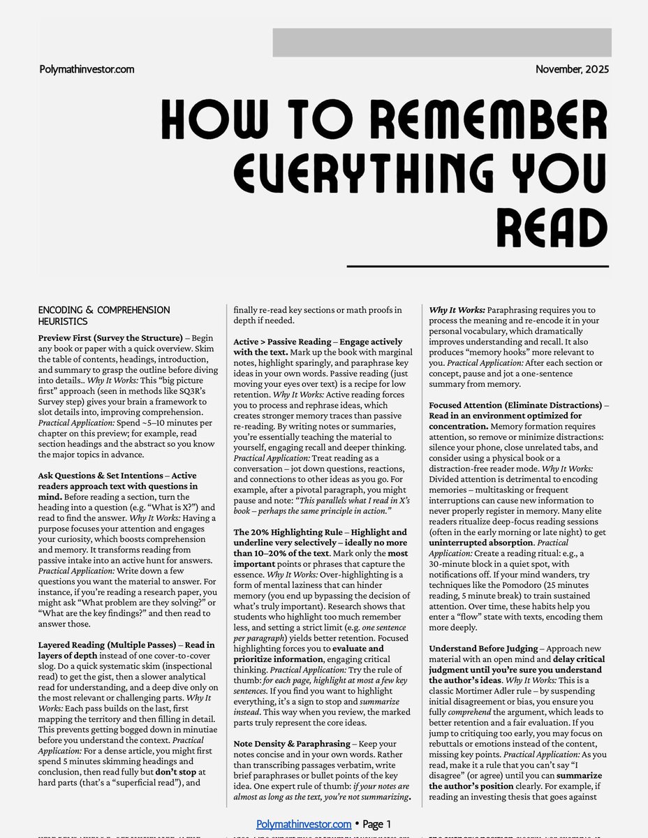 DrHuzam's tweet image. هل تعاني من نسيان ما تقرأ؟ 

اليك الطريقة كي تتذكر كل ما تقرأ؟

💥 أولاً (استعراض البنية): 
ابدأ أي #كتاب أو #بحث بنظرة عامة سريعة. تصفح جدول المحتويات والعناوين والمقدمة والملخص لفهم الخطوط العريضة قبل الخوض في التفاصيل. 

✨️لماذا تنجح هذه الطريقة؟: 
يمنح هذا النهج، الذي يركز…