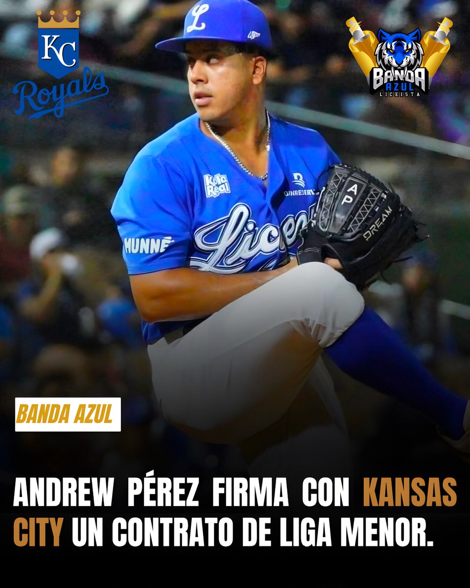 BandaAzulTL's tweet photo. El zurdo de los Tigres del Licey, Andrew Pérez, firmó un contrato de liga menor con la organización de los Kansas City Royals. 👏⚾

Le deseamos mucho éxito en esta nueva oportunidad y que pueda cumplir su sueño en el béisbol profesional. 💪✨
¡A seguir rompiendo fuerte! 💙🔥🐯⚾ https://t.co/aNm2E20y7I