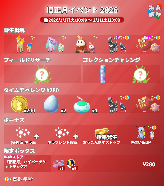 pokemongo_db's tweet photo. 【旧正月イベント 2026】
⚡開催期間
2/17(火)10:00〜2/21(土)20:00

✅シママ、ダルマッカ、コレクレーの色違い率アップ
✅交換時のキラ率、キラフレンドになる確率もアップ
✅おうごんポケストップが確率で出現
など

 https://t.co/X70oac9981 #ポケモンGO https://t.co/sjbAqidlMy