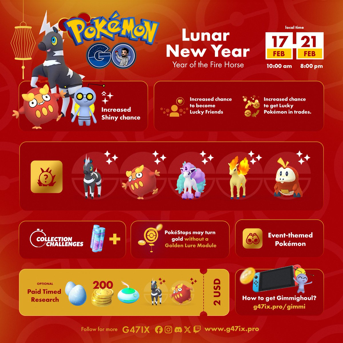 g47ix's tweet photo. 🐴✨ Lunar New Year in Pokémon GO #PokemonGO
🍀 Increased chance to get Lucky Pokémon in trades
🤝 Increased chance to become Lucky Friends
🟡 PokéStops may turn gold even without a Golden Lure Module
✨ Increased chance to encounter Shiny Blitzle, Shiny Darumaka, and Shiny Gimmighoul

⚠️ Note about Gimmighoul:
To get the Coin Bag (Gimmighoul “incense”), you need a Nintendo Switch with Pokémon Scarlet/Violet (or a friend who has it).