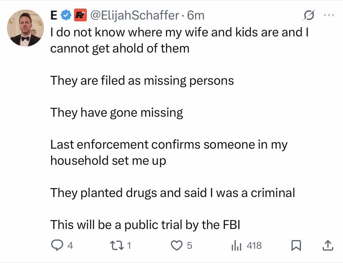 ShamooYT's tweet image. Elijah Schaffer is having a full breakdown on X, posting and deleting that his wife and kids are missing and walking around flooded hotels high AF.