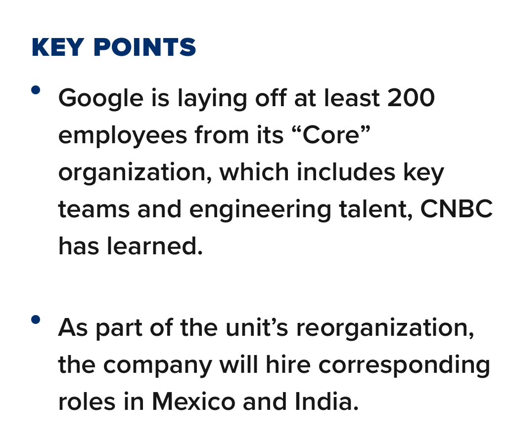 Google fired engineers and sent the jobs overseas to save money. That’s the real story they admitted to. Watching people like <a href="/carlquintanilla/">Carl Quintanilla</a> contort this into an immigration argument is almost impressive.