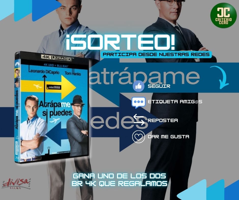 ¡SORTEO! ✈️💸 
Gracias a nuestros amigos de <a href="/DivisaFilms/">Divisa Films</a> , sorteamos 2 copias en BR 4K de 'Atrápame si puedes'. 🎬✨
Para participar: 
1️⃣ Sigue a <a href="/CriterioCero/">Criterio Cero 🎙️</a> 
2⃣ Haz RT 🔃 
3️⃣ Dale ❤️ a este post 
4️⃣ Menciona a un amigo que sea fan de DiCaprio o Tom Hanks. 🎞️
#Sorteo #Cine