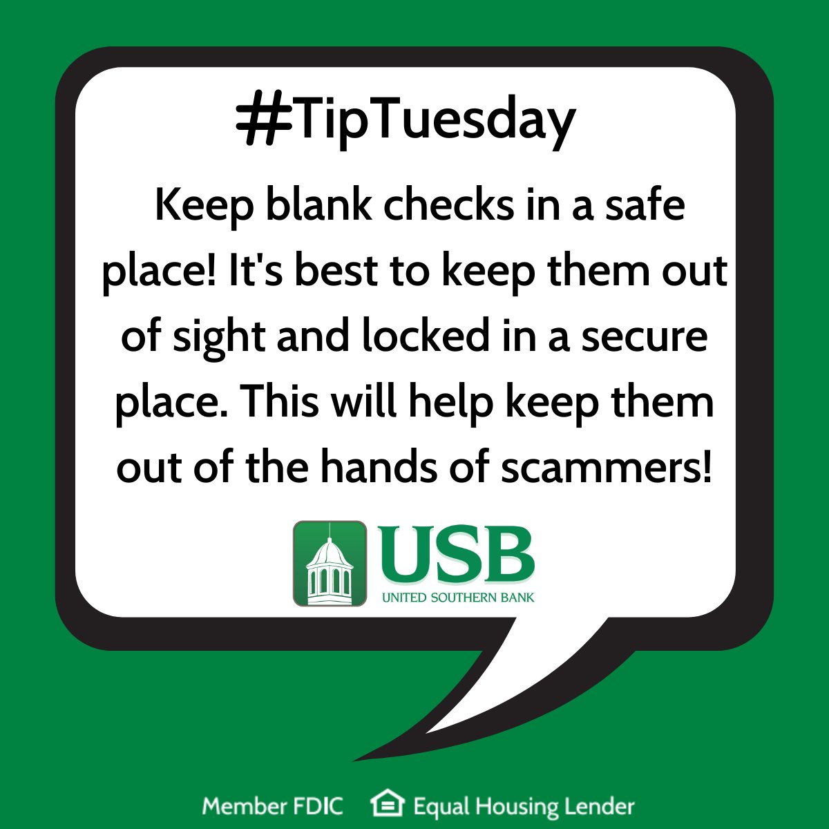 #TipTuesday: Keep blank checks in a safe place! It's best to keep them out of sight and locked in a secure place. This will help keep them out of the hands of scammers!