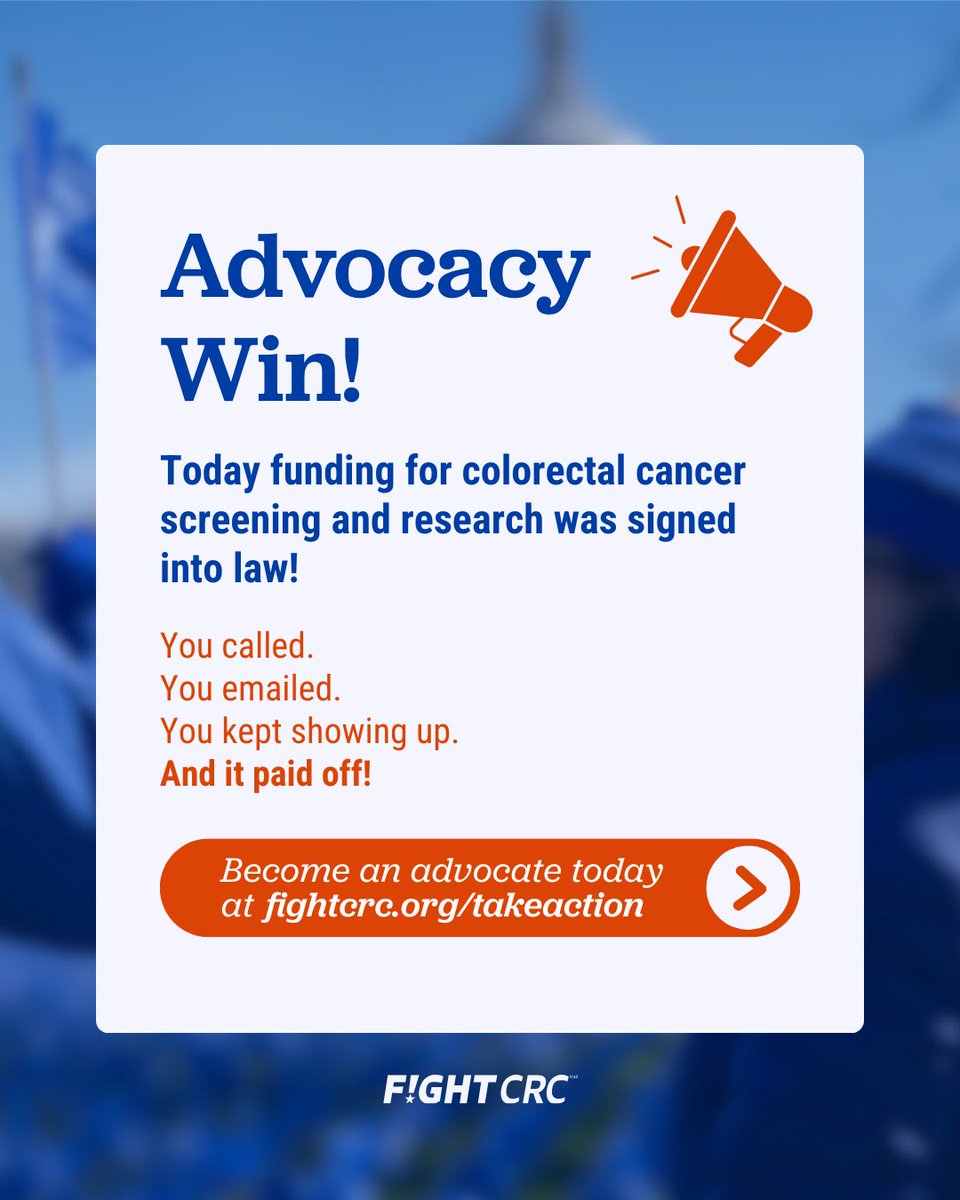 FightCRC's tweet photo. Big news! Funding for #colorectalcancer screening and research was officially signed into law today.

This wouldn't have happened without YOU and your relentless advocacy.

It's been a long road. While we didn't secure everything we fought for, the #crc community showed up every step of the way — pushing back against devastating cuts and fighting for lifesaving programs.

Your meetings, your emails, your calls, and your persistence protected these critical programs when it mattered most.

Ready to join the fight?
Become a Fight CRC Advocate and help move us closer to a future without colorectal cancer: https://t.co/yiOWhK2thP