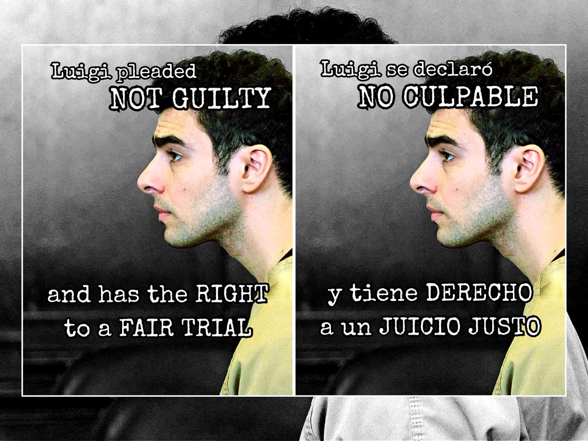 Luigi pleaded NOT GUILTY and has the RIGHT to a FAIR TRIAL 🗣️🔊

Luigi se declaró NO CULPABLE y tiene DERECHO a un JUICIO JUSTO 🗣️🔊

Posters with and without the QR code: dropbox.com/scl/fo/0tb4qt4…

Luigi’s legal fund: givesendgo.com/luigi-defense-…