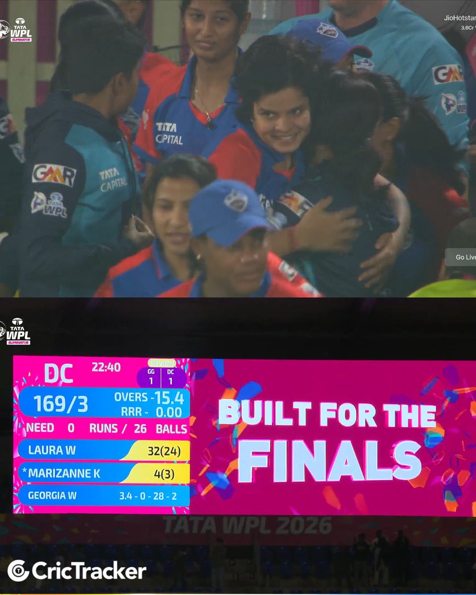 Cricketracker's tweet photo. All smiles in the Delhi camp as they won the Eliminator to reach the final of WPL 2026, where they will face RCB in the summit clash.

📸: Jio Star | #WPLEliminator #WPL2026 #DelhiCapitals #JemimahRodrigues https://t.co/fhxok5fAJ9