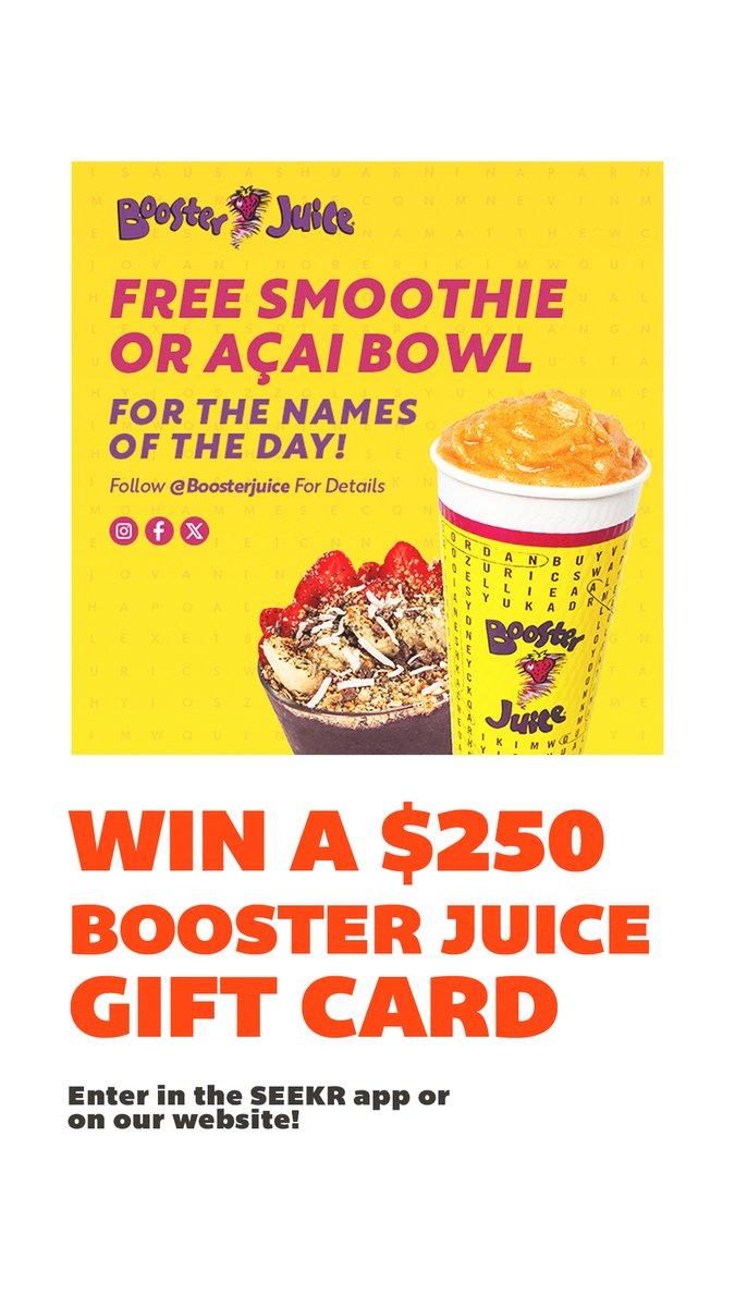 The <a href="/boosterjuice/">Booster Juice</a> Names of The Day Promo is BACK to make this month all about YOU - giving you a FREE smoothie or açai bowl if they call out your name! 🍹

PLUS, we've got your chance to WIN a $250 Booster Juice gift card! 👀

Details &amp; enter to win at bit.ly/45kaOAy