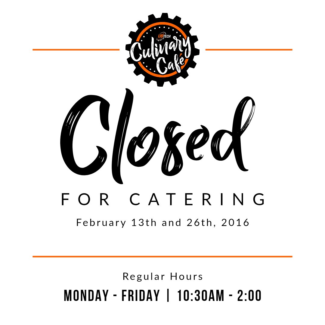 UBTechTitans's tweet image. Heads up, Titans! The UBTech Culinary Cafe has upcoming closures occurring on February 13th and February 26th due to catering events. We apologize for the inconvenience.