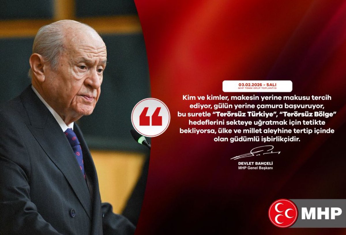 CHP Genel Başkanı merak etmesin, seçim günü gelip çattığında Türk milleti yüksek iradesiyle istismarcı, inkarcı, rüşvetçi, kumarcı, komisyoncu, vurguncu organize yolsuzluk çetesine Türkiye’nin kaç bucak olduğunu muhakkak gösterecektir.

MHP Genel Başkanı
Devlet BAHÇELİ
