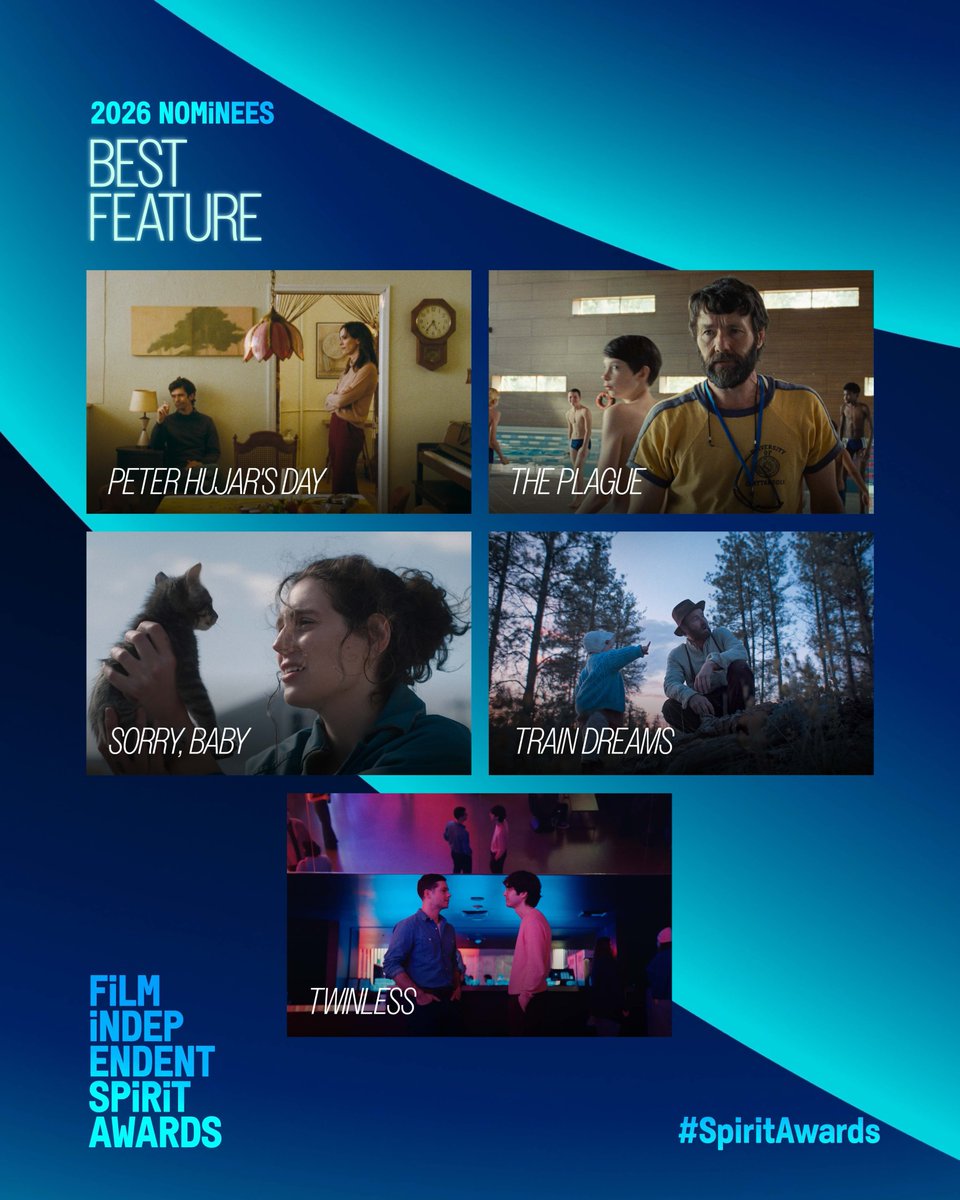 filmindependent's tweet photo. 🚨 2026 #SpiritAwards voting ends TODAY at 5:00 PM PT! Vote for the best in film:

PETER HUJAR’S DAY
THE PLAGUE
SORRY, BABY
TRAIN DREAMS
TWINLESS

Open to eligible #FiMembers only! Join now to vote for the 2027 winners: https://t.co/dWttyULgvC https://t.co/RaiPIAE0Jb