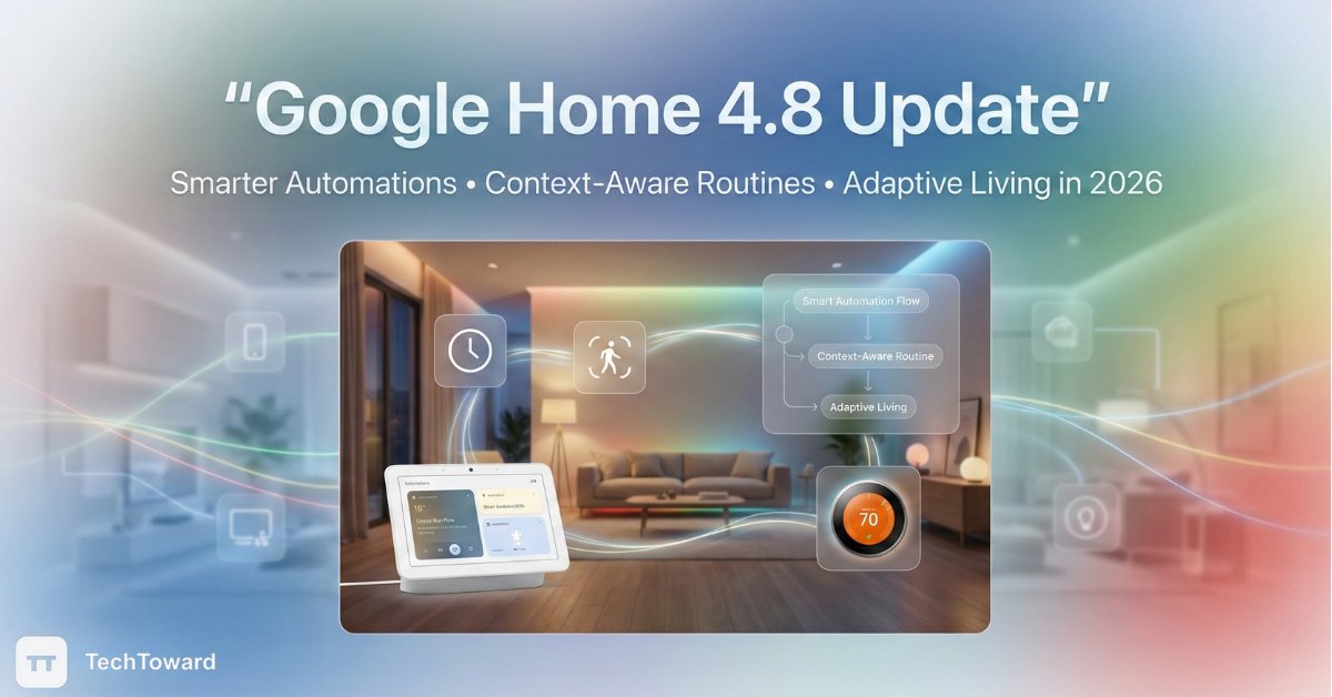 tech_toward's tweet photo. 𝐆𝐨𝐨𝐠𝐥𝐞 𝐇𝐨𝐦𝐞 𝟒.𝟖  introduces context-aware automation that adapts to real life, not rigid routines. Fewer manual triggers. Better coordination. Smarter living in 2026.

𝐑𝐞𝐚𝐝 𝐌𝐨𝐫𝐞: https://t.co/Lwxob9yFKI

#GoogleHome #TechUpdate #ConnectedHome #techtoward https://t.co/2FygNAd4uB
