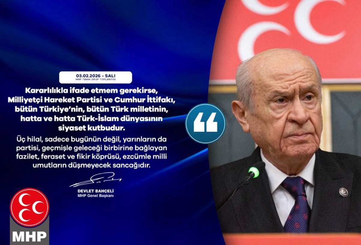 Kararlılıkla ifade etmem gerekirse, Milliyetçi Hareket Partisi ve Cumhur İttifakı, bütün Türkiye’nin, bütün Türk milletinin, hatta ve hatta Türk-İslam dünyasının siyaset kutbudur.
Üç hilal, sadece bugünün değil, yarınların da partisi, geçmişle geleceği birbirine bağlayan fazilet,