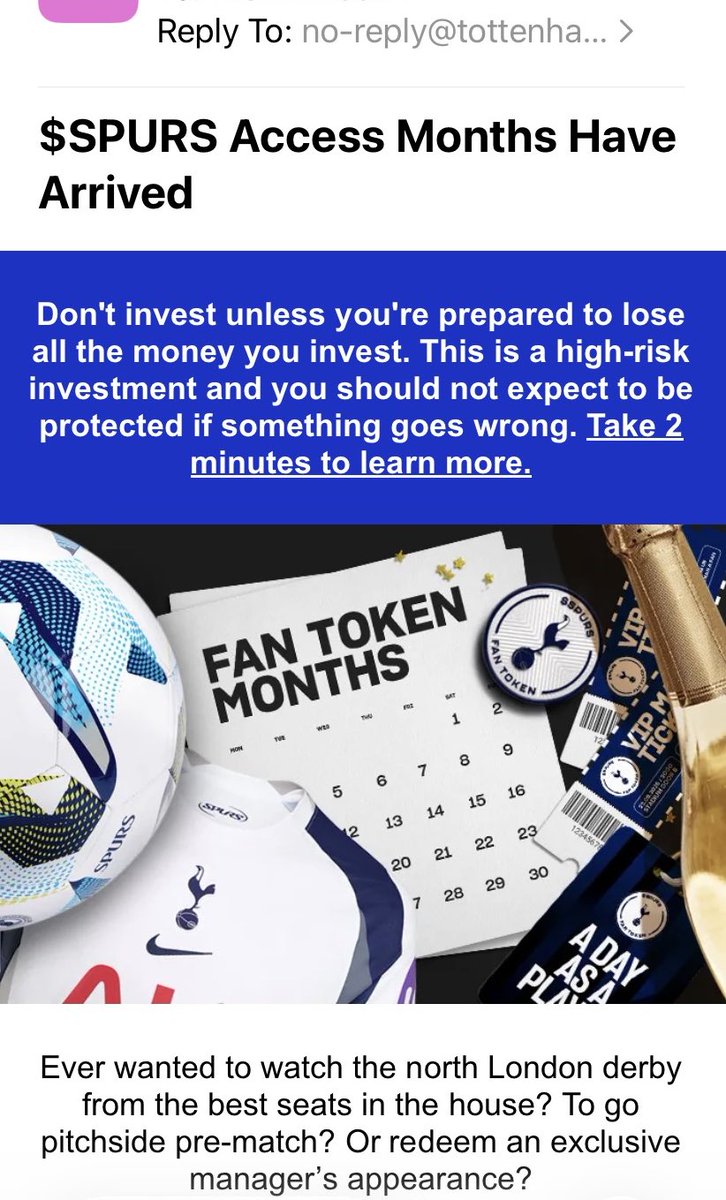 Tell you what would cap a great week of PR, <a href="/SpursOfficial/">Tottenham Hotspur</a>, a tone deaf email about crypto.

FMOB

#THFC #COYS