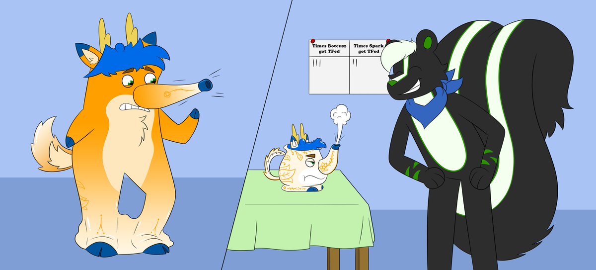 I invited <a href="/BoteuszA/">boteusz.bsky.social</a> to get some tea at home... I didn't really tell him how he would get tea though :3

Here's my part of our trade!

#TFEveryday #TFTuesday #Transfur