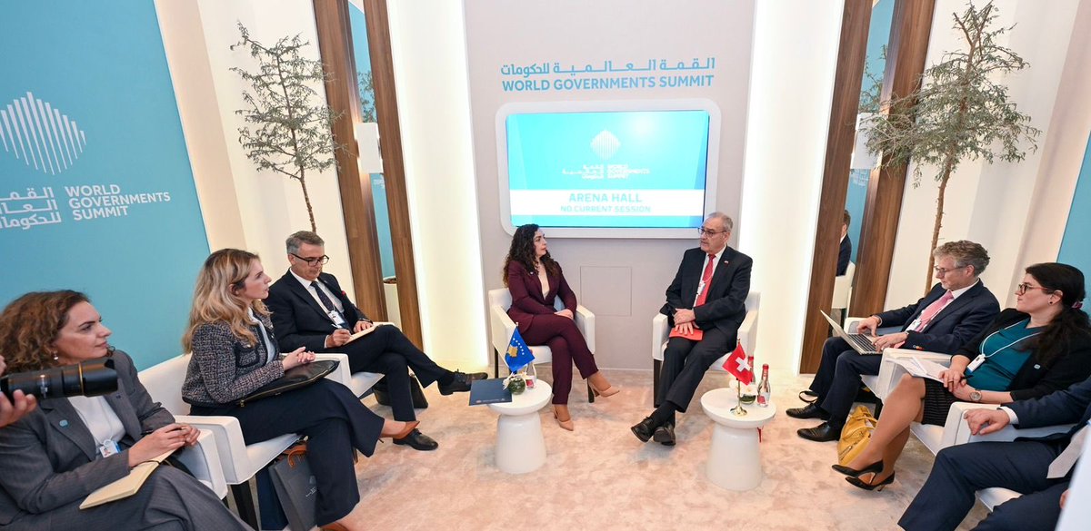 We continued our meetings at the <a href="/WorldGovSummit/">World Governments Summit</a> with the President of Switzerland, <a href="/ParmelinG/">Guy Parmelin</a>, a great friend of the people of Kosovo.
 
Following our discussions in Davos, we continued the conversation on concrete steps to deepen cooperation between our two countries, with our