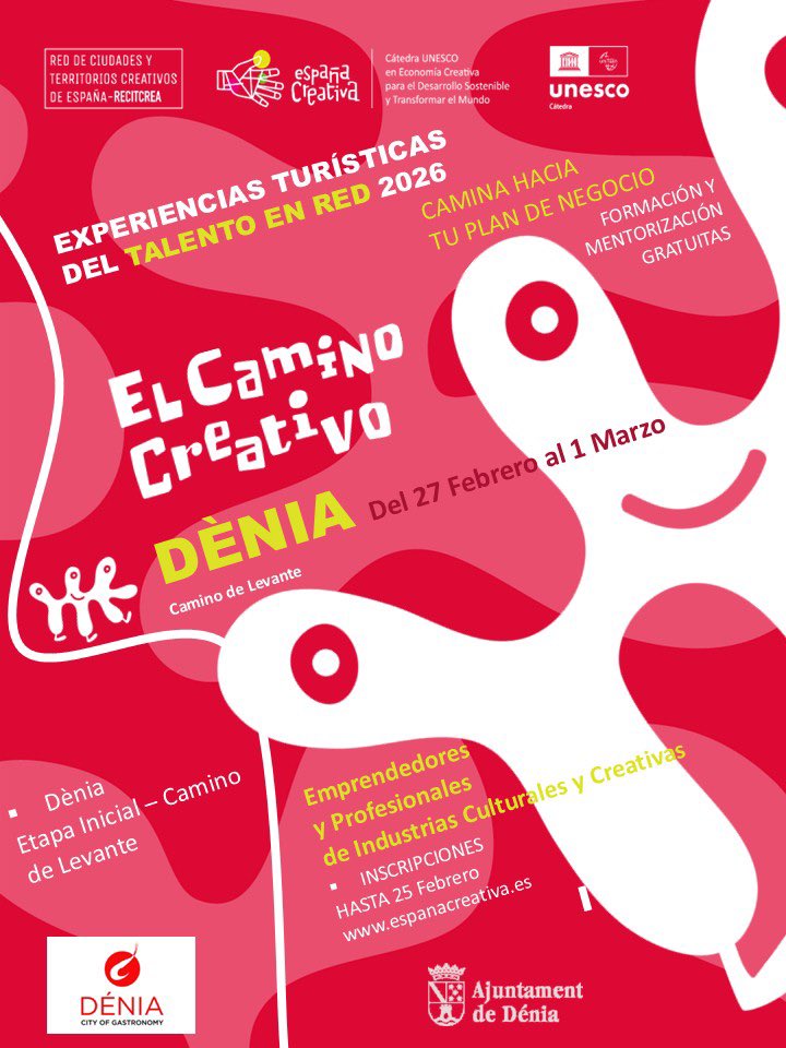 🚀 ¡Inscripciones abiertas! 🌍✨ CAMINO CREATIVO DÈNIA 2026
Para: #EmprendedoresCreativos #ProfesionalesCultura y #TurismoSostenible  📍 Dénia 🗓 27 feb – 1 mar 2026 🎓 Formación y mentoría 100% gratuitas
👉 Inscríbete: espanacreativa.es/degravenia---c… #EspañaCreativa #Denia