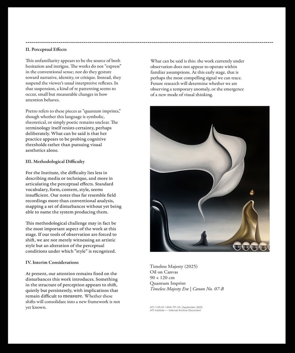 shilowskapretto's tweet photo. Honored to have my work formally analyzed by the ATI Institute.
Their latest bulletin defines it as an unclassifiable practice, a body of work that resists existing frameworks and may signal a new mode of visual thought.
. https://t.co/cIT7JM0d6z https://t.co/Exc272idNO