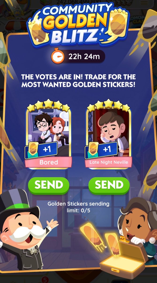 beomintcart's tweet photo. golden blitz stickers up for grabs!! 

bored
late night neville

dm for price!

tags: mono mogo monopoly go card sticker stix gold set album dice complete looking have want iso lf trade sell #MonopolyGoTrade #monopolygotrade https://t.co/nFfisoaP7V