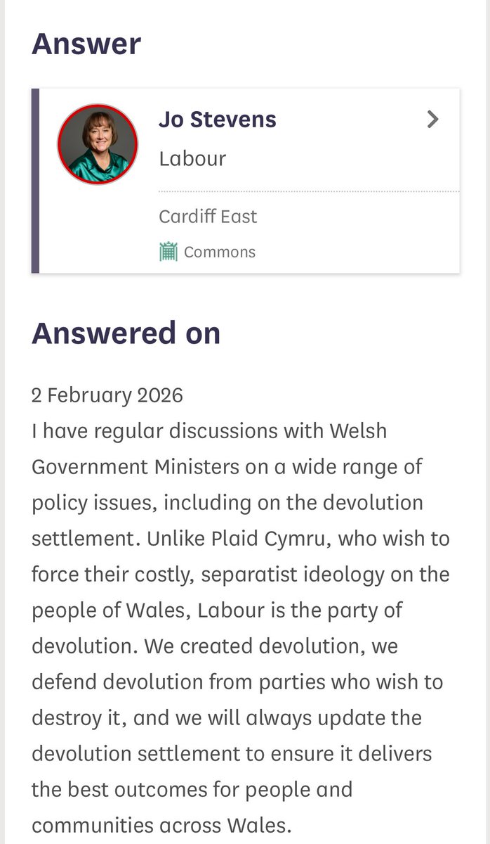 Asked a perfectly reasonable question of the Wales Office. Got a party-political rant in response.

People want to know what discussions are taking place between their two governments.

Wales deserves better than twin Labour governments in cahoots to conceal their failures.