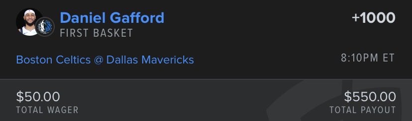 TPB_FirstBasket's tweet image. Today’s play 🏀

Daniel Gafford +1000 (FD) ✅

Really good value here for Gafford, who has scored first team basket in 2 of his L4 starts 👀

#GamblingX #FirstBasket