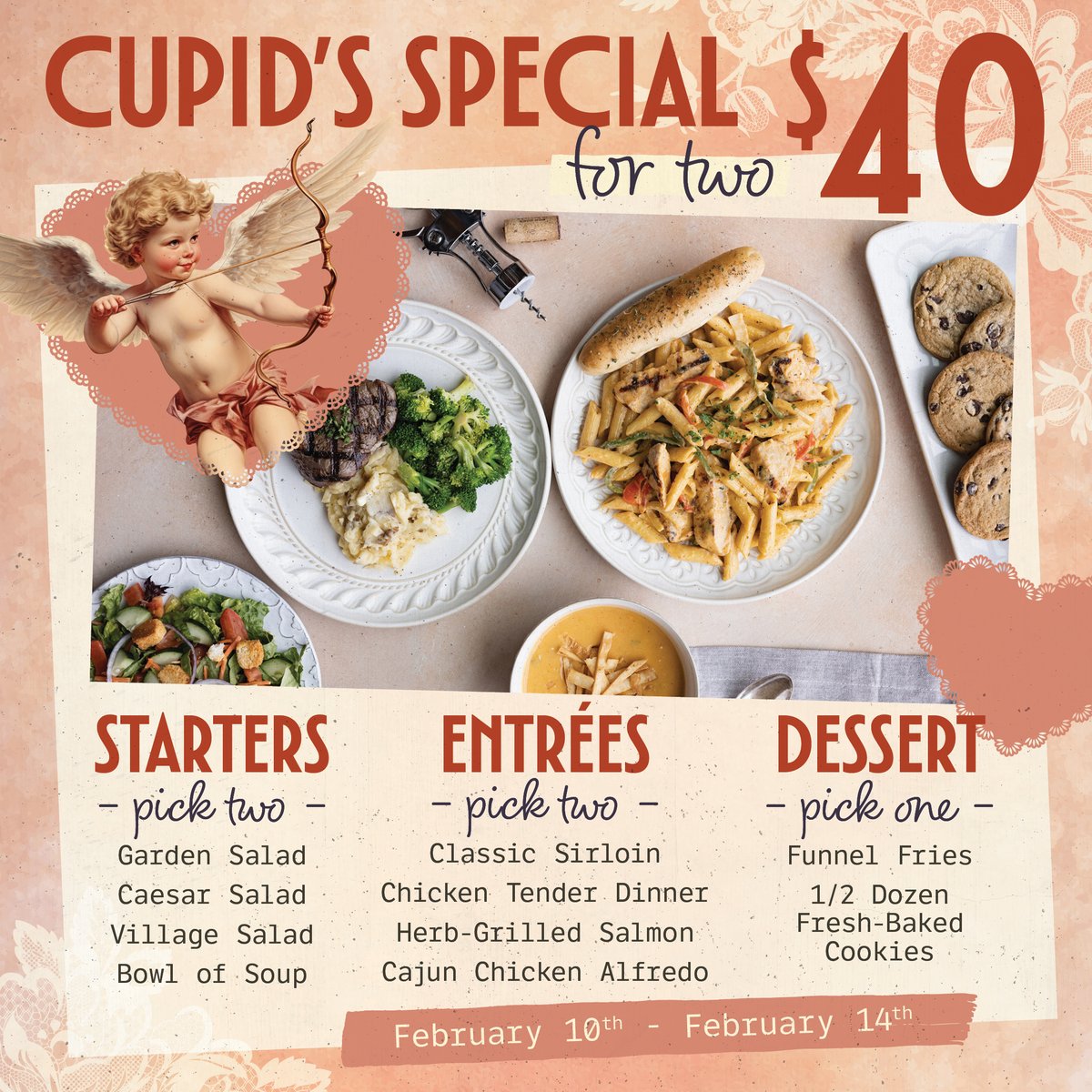 Valentine’s is coming to Max &amp; Erma’s ❤️

Cupid’s Special returns February 10th–14th. Three courses for two for $40.