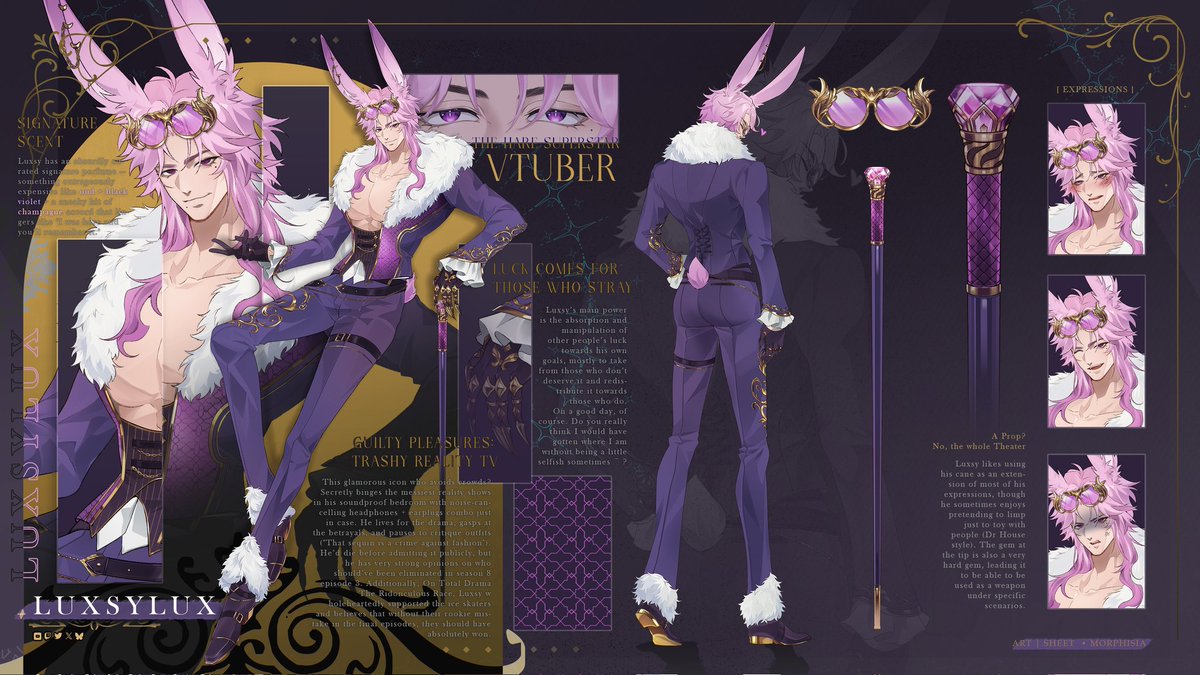 ✰ ✰ ✰ 𝐎𝐅𝐅𝐈𝐂𝐈𝐀𝐋 𝐑𝐄𝐅 𝐒𝐇𝐄𝐄𝐓  ✰ ✰ ✰

They'll have all their eyes on me ~ ! I'll be all that they see ~ ! Me ~ ! 𝗟𝗨𝗫𝗦𝗬 !!! ✨💕

🎨 -> <a href="/Morphisia/">Morphisia 🦋 Commissions VGEN Open</a>

#Vtuber #VTuberDebut #MaleVtuber