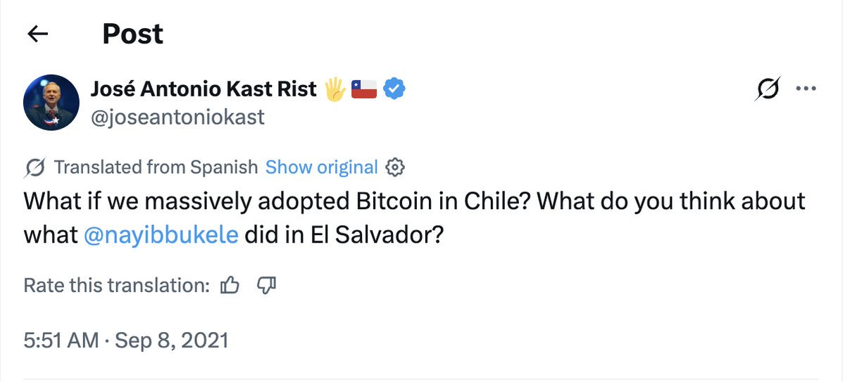 Chile's President-elect José Antonio Kast in 2021: "What if we massively adopted Bitcoin in Chile?" 🇨🇱 

Yes! 🙌