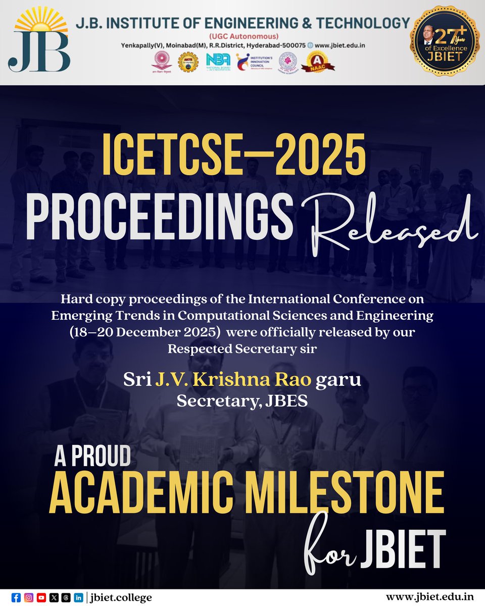 JBIETUpdates's tweet photo. A proud moment for JBIET ✨
The hard copy proceedings of ICETCSE���2025 have been officially released, celebrating global research collaboration and academic excellence in computational sciences and engineering.
#JBIET #ICETCSE2025 #AcademicExcellence #ResearchInnovation https://t.co/5irx8OVeeJ
