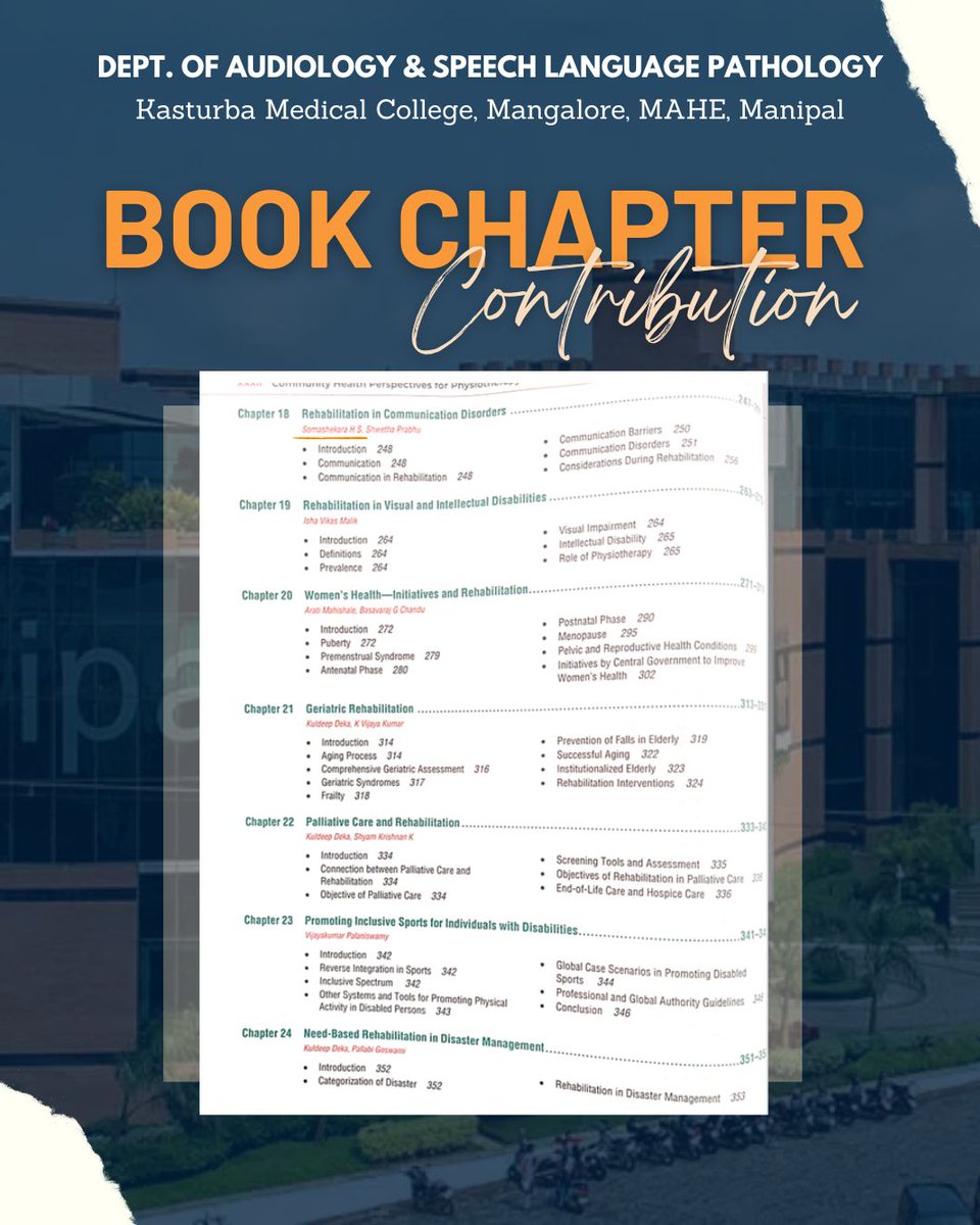 ASLPKMCMLR's tweet photo. We are pleased to share that Dr. Somashekara H. S. has co‑authored a book chapter titled “Rehabilitation in Communication Disorders” in the book Community Health Perspectives for Physiotherapy Students. Congratulations!
#ASLP #KMCMangalore #MAHE https://t.co/m87w1mwBaH