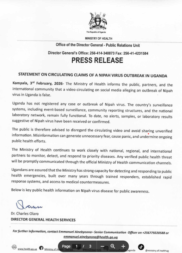 ainbyoo's tweet photo. @MinofHealthUG Press Release dispelling the Deep fake video claiming an outbreak of Nipah Virus. 
@olaro_charles #fakenews https://t.co/bsNAOgn7jC