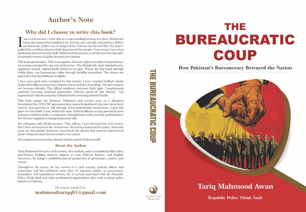 PMScivilservant's tweet photo. My upcoming book.

The Bureaucratic Coup
How Pakistan's Bureaucracy Betrayed the Nation 

As a civil servant, I have this observation that bureaucracy has failed Pakistan the most. https://t.co/UNEQ9OJoLH