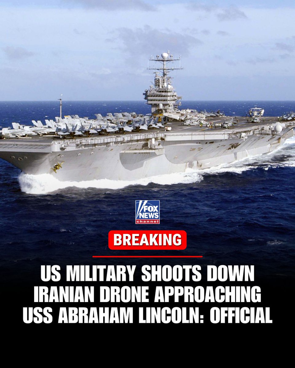 FoxNews's tweet image. BREAKING: The U.S. military shot down an unmanned Iranian drone after it "aggressively approached a U.S. Navy aircraft carrier with unclear intent," a U.S. Central Command spokesman told FOX News.

"USS Abraham Lincoln (CVN 72) was transiting the Arabian Sea approximately 500…