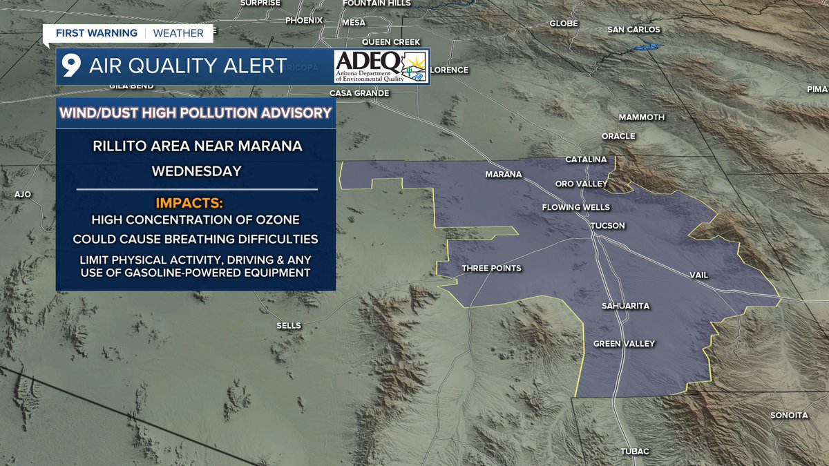 AprilMadisonWX's tweet photo. The AZ Department of Environmental Quality has issued a High Pollution Advisory for the Rillito area near Marana, Wednesday. Strong and gusty winds is forecast to generate widespread blowing dust that may pose a health risk to vulnerable individuals. https://t.co/J1SeCt0Hma