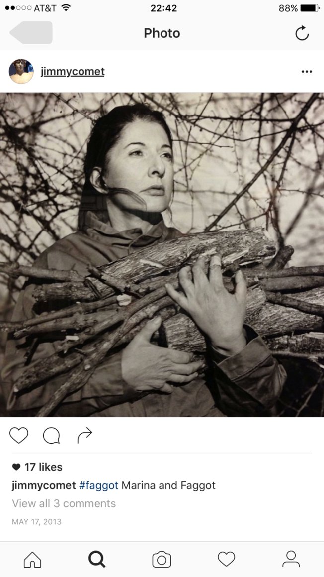 AwakenedOutlaw's tweet photo. For some odd reason, 'Jimmy Comet' (aka James Alefantis, owner of the pizza joint, Comet Ping Pong), decided to post an image of Marina Abramović on his Instagram page.

Totally a normal thing to do, celebrating a Satanic witch famous for her Spirit Cooking parties that have been wildly celebrated and attended by the wealthy/elite ilk for decades.

And if you don't know what Spirit Cooking is, I suggest you go look it up.
