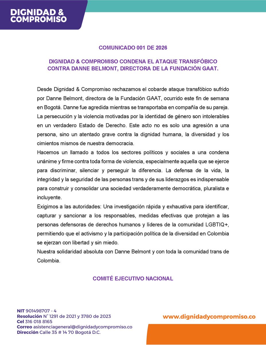 Desde <a href="/dignidadycomp/">Dignidad & Compromiso</a>  rechazamos el cobarde ataque transfóbicosufrido por Danne Belmont, directora de la Fundación GAAT
dignidadycompromiso.co/condenamos-ata…