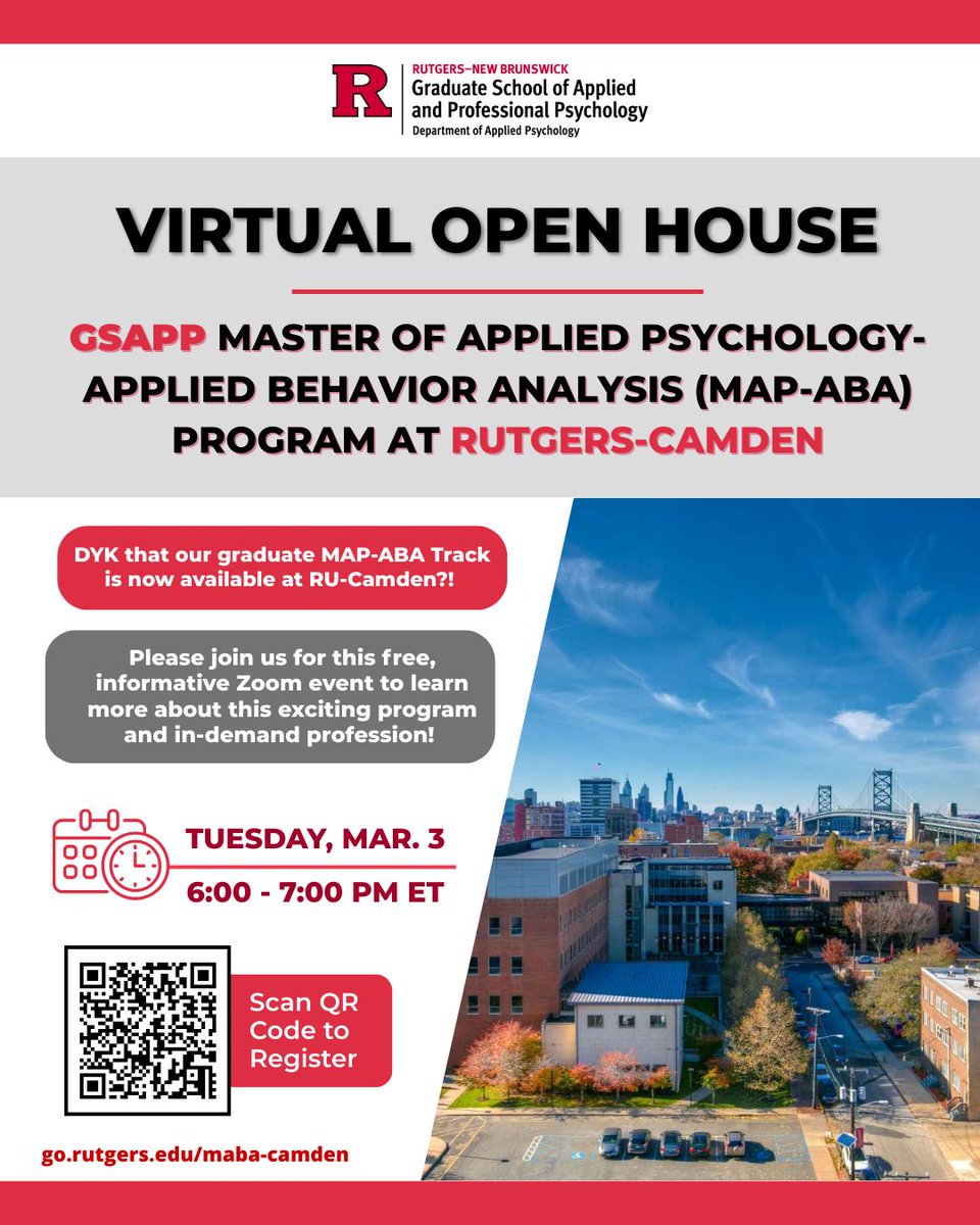 RutgersGSAPP's tweet image. 🎓 #DYK that #GSAPP’s Master of Applied Psychology - #AppliedBehaviorAnalysis Track  (#MAPABA) is available at #RutgersCamden? Join us for our MAP-ABA #VirtualOpenHouse to learn more re: this exciting program!
gsapp.rutgers.edu/event/master-a…