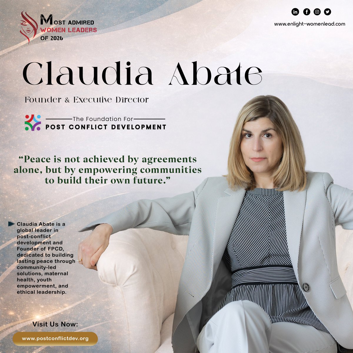 EnlightWomens's tweet photo. 🌟 Featured Among the World's Top Admired Women 🌟

Meet @ClaudiaAbateNYC  Founder &amp; Executive Director at @TheFPCD a visionary leader transforming post-conflict recovery into sustainable, community-driven success.

#AdmiredWomen #PurposeDriven #ROIOfHope #Peacebuilding https://t.co/bft09TXVcV