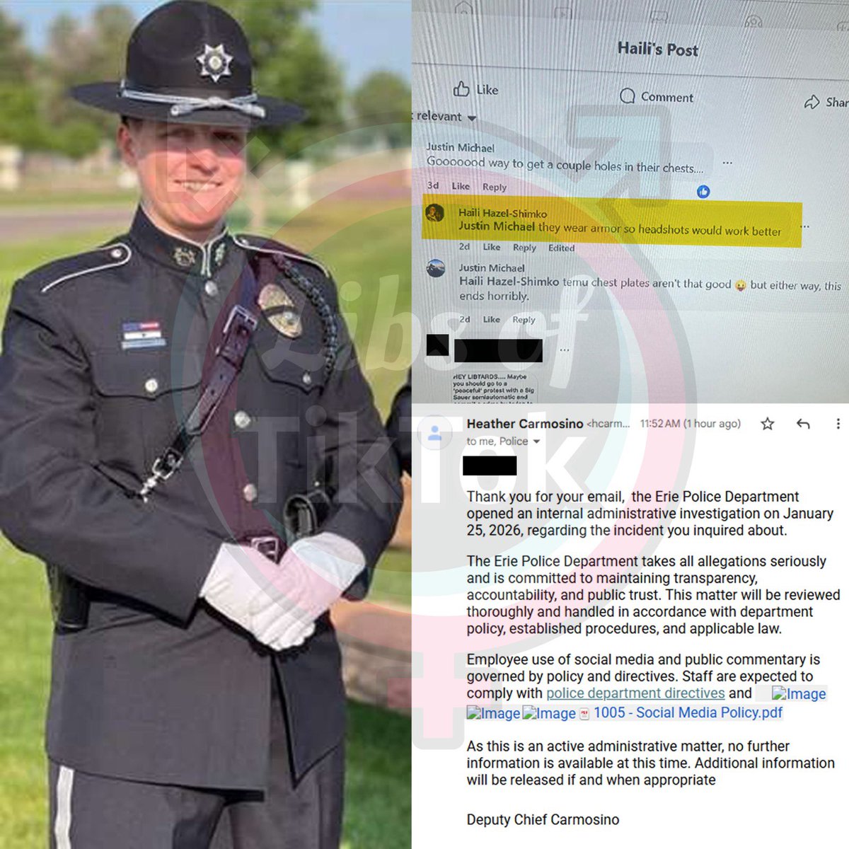 libsoftiktok's tweet image. BREAKING UPDATE: Colorado Police officer Haili Hazel-Shimko is NO LONGER EMPLOYED following post appearing to call to shoot ICE agents in the head

Colorado residents are now more safe with her off the force.

FAFO