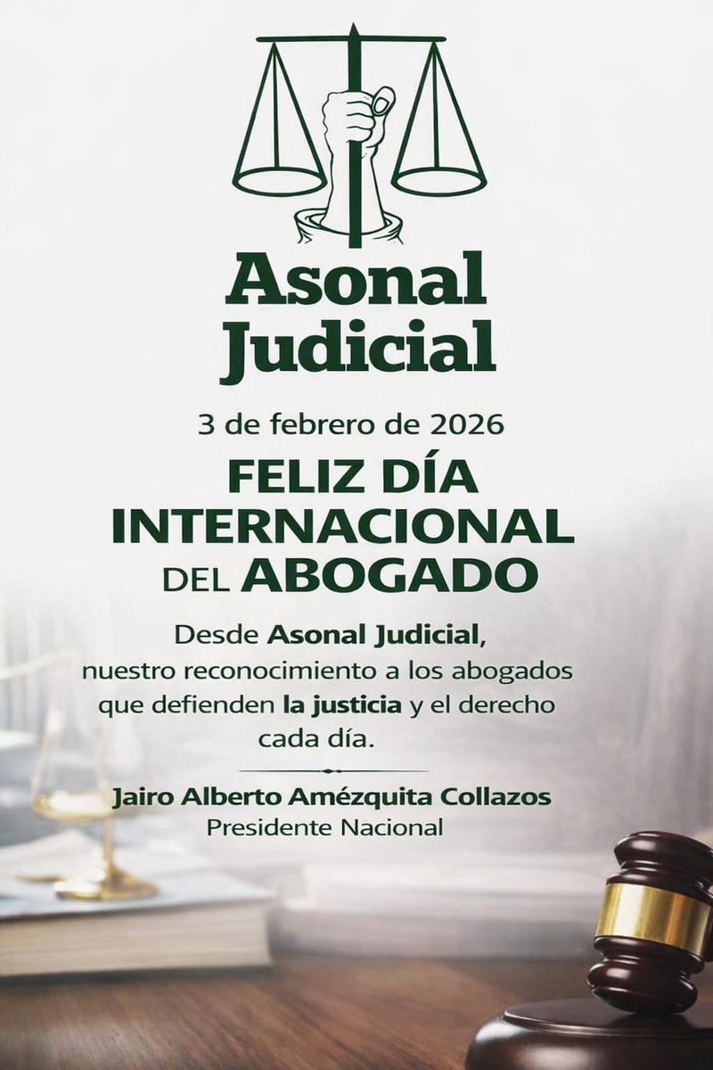 Desde Asonal Judicial exaltamos la labor de los abogados que integran los servidores judiciales, quienes con responsabilidad y vocación garantizan el acceso a la justicia y la protección de los derechos fundamentales.
Jairo Alberto Amézquita Collazos
Presidente Nacional