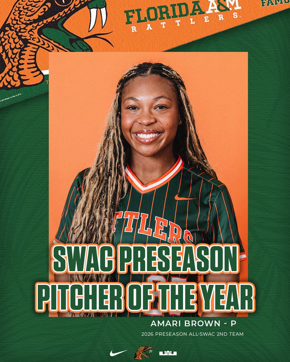 FAMU_Softball's tweet photo. ๐ฃ๐ฟ๐ฒ๐๐ฒ๐ฎ๐๐ผ๐ป ๐๐น๐น-๐ฆ๐ช๐๐ !
SWAC Pitcher of the Year - Amari Brown
All-SWAC 1st Team - Zoryana Hughes - P
All-SWAC 2nd Team - Ciara Maple - OF
All-SWAC 2nd Team - Samantha Smith - P
All-SWAC 2nd Team - Jamison Townsend - DP
All-SWAC 2nd Team - Amari Brown - P
#FangsUp https://t.co/OC1s6c0fUj