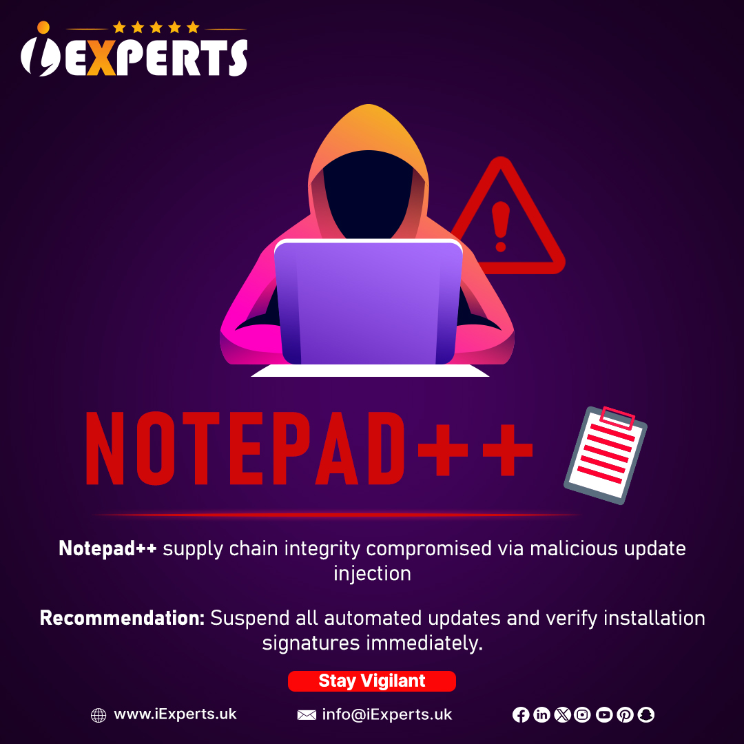 A compromised update can compromise trust.
Pause automated updates. Verify signatures. Stay secure.

👉 iexperts.uk/Index

#CyberSecurity #SupplyChainSecurity #ThreatAlert #InfoSec #CyberRisk
#Vulnerability #SecurityUpdate #DigitalTrust #iExperts