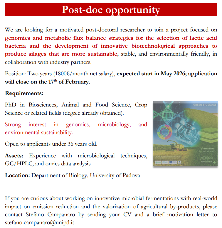 campanarostef's tweet photo. POSTDOC POSITION AVAILABLE: We are looking for a motivated #researcher to join the GREEN-BIOSILAGE project and apply genomics and FBA strategies for the selection of #lactic acid #bacteria and the development of innovative approaches to produce silages-stefano.campanaro@unipd.it https://t.co/vbbJszZmY8