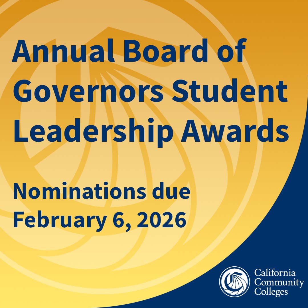 CalCommColleges's tweet image. EXCITING NEWS: Each year, the #BOG of #CalCommColleges recognizes &amp;amp; celebrates student leaders throughout the #CalCommunityCollege system whose leadership advances #Vision2030 &amp;amp; exemplify commitment to their community. 

Nominations due by Feb. 6: ow.ly/fMml50Y0qS8.