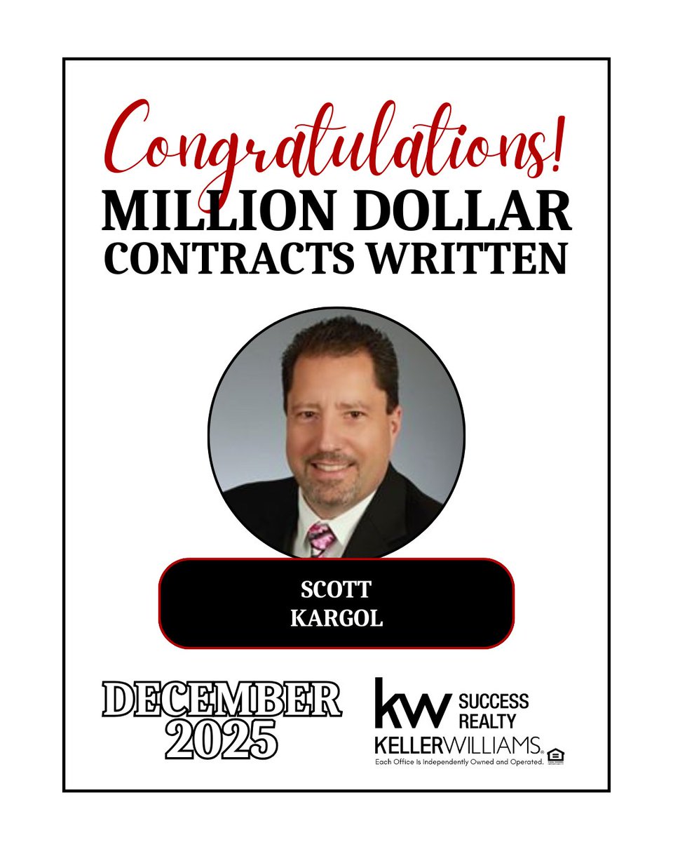 KWSuccessRealty's tweet photo. Congratulations to Scott Kargol, December 2025 Million Dollar Contracts Written! https://t.co/Q9h1DAo1UP