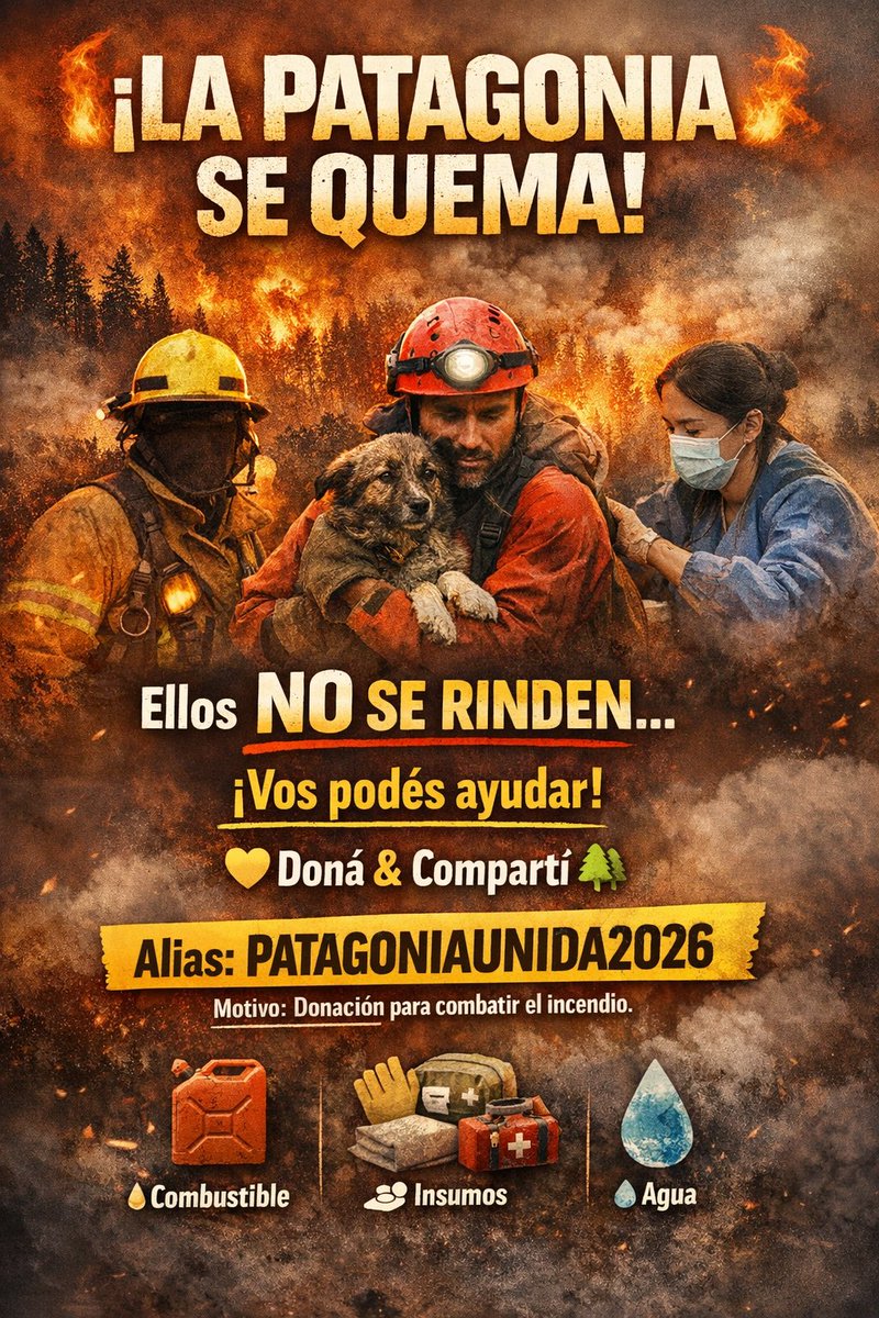 La Patagonia se está quemando.
Brigadistas, bomberos, personal de salud y rescatistas siguen poniendo el cuerpo para defender nuestros bosques y hogares. Hoy nos necesitan a todos.

💛 Alias: PATAGONIAUNIDA2026
Compartí y ayudá 🙏🔥