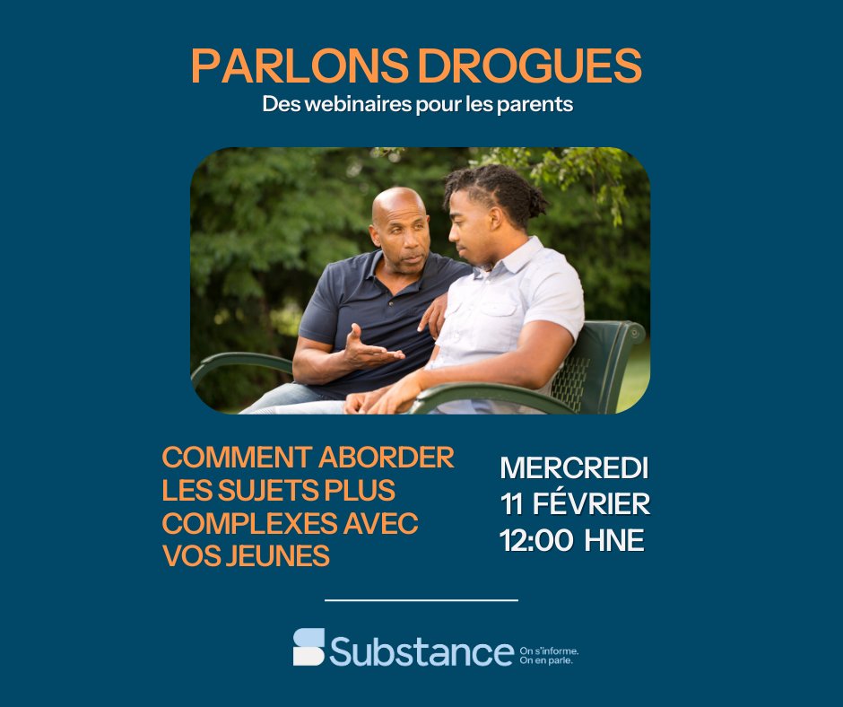 Plus qu’une semaine!
Participez à notre webinaire Parlons drogues, mardi,  le 11 février à midi et apprenez comment favoriser des conversations ouvertes et sincères avec vos jeunes sans jugement, ni stigmatisation.
Inscrivez-vous ici: ow.ly/Ycqk50Y6BYH
 #SoutienAuxParents
