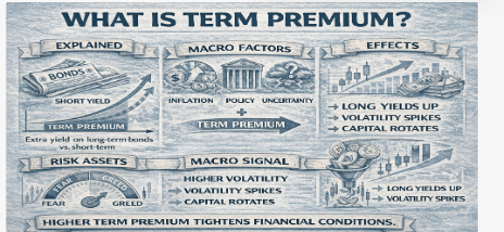 bitbuy's tweet photo. Ever wonder what "term premium" means? 

It’s the extra yield investors demand for holding long-term bonds instead of short-term ones.
 
Why? 

More time means more uncertainty around inflation, policy, and growth.
 
When uncertainty rises, term premium rises.

This pushes long yields up and tightens financial conditions even without rate hikes.

What's the impact on markets? 

 Higher term premium means investors want more return to hold long-duration risk.

That pressures valuations, spikes volatility, and pulls capital from speculative assets.

Risk assets including crypto tend to underperform in these conditions.

Liquidity tightens and capital rotates toward stability.

The market is repricing risk, not just rates.

Disclaimer: For educational purposes only. Not a guarantee of future performance. Cryptocurrency trading involves significant risk. See full disclaimer. Source: Federal Reserve